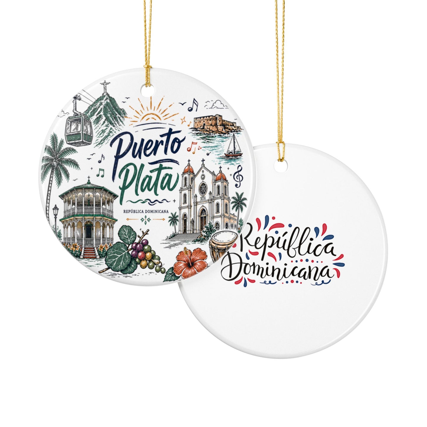Puerto Plata Dominican Republic Illustration Ornament | Ceramic Round Holiday Decoration