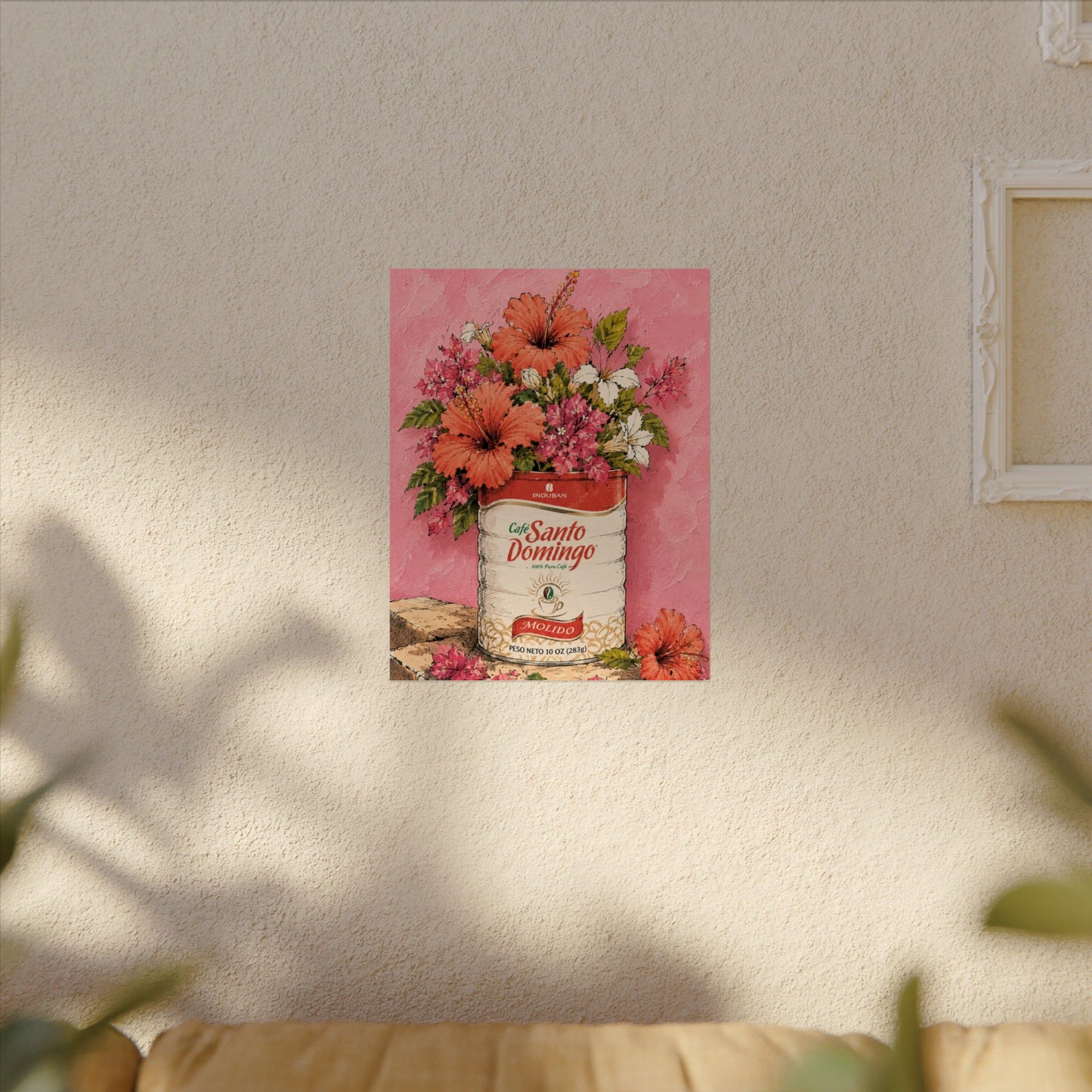Café Santo Domingo Floral Wall Art | Dominican Coffee Can Art Print | Tropical Pink Botanical Poster | Caribbean Home Decor