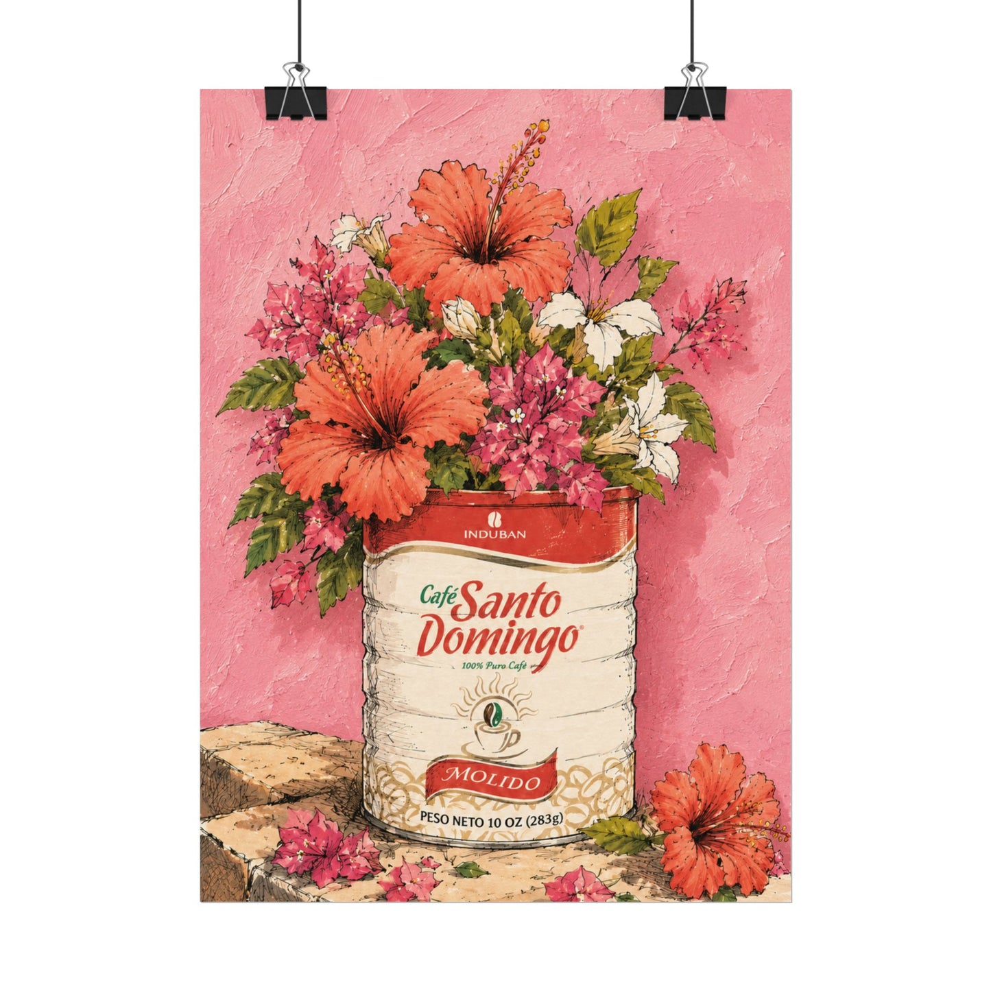 Café Santo Domingo Floral Wall Art | Dominican Coffee Can Art Print | Tropical Pink Botanical Poster | Caribbean Home Decor