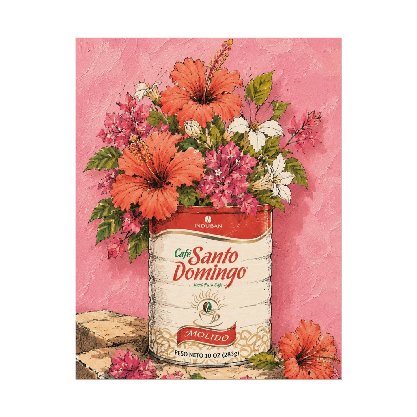 Café Santo Domingo Floral Wall Art | Dominican Coffee Can Art Print | Tropical Pink Botanical Poster | Caribbean Home Decor
