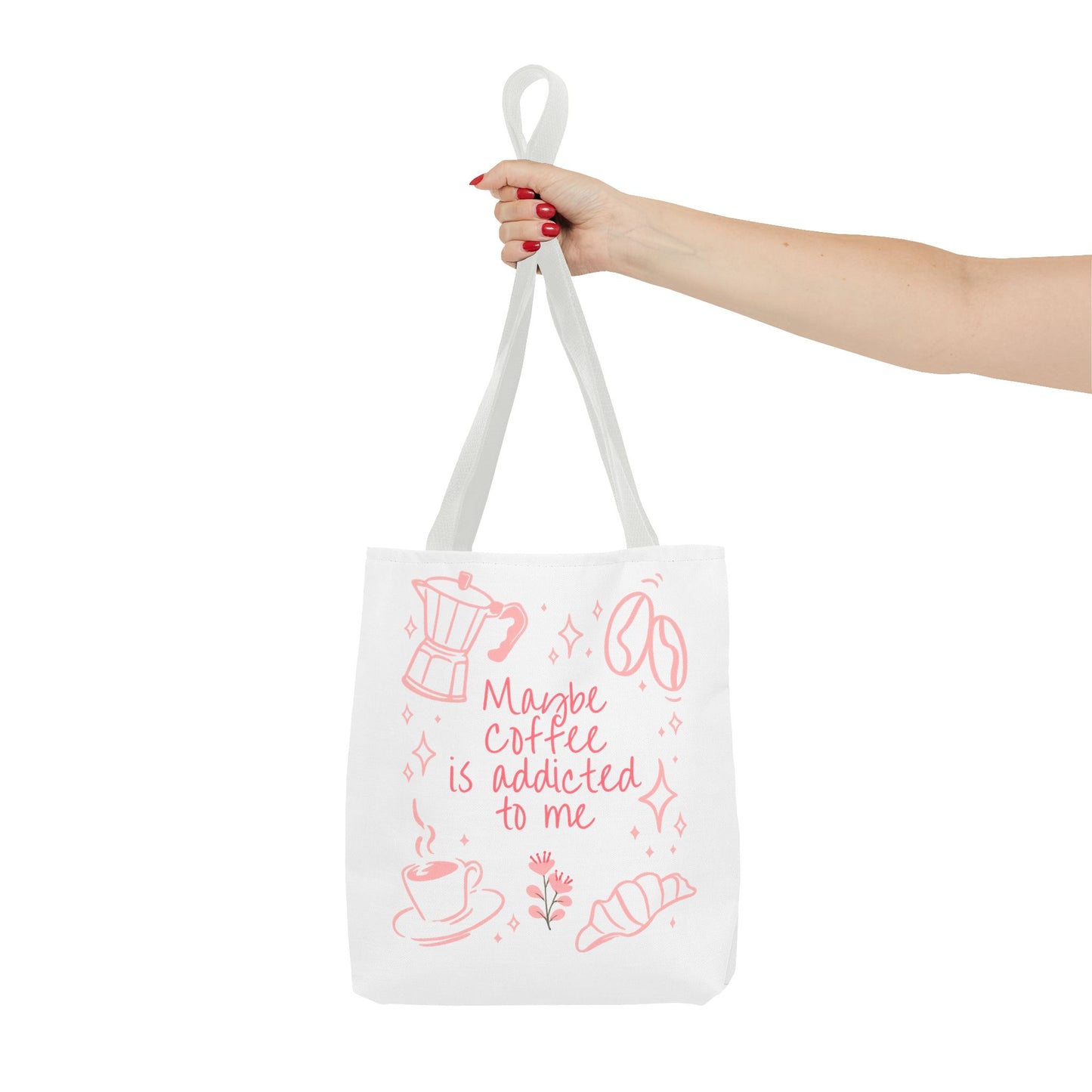 Maybe Coffee Is Addicted to Me Tote Bag | Cute Pink Coffee Lover Canvas Tote | Coquette Aesthetic Book Bag