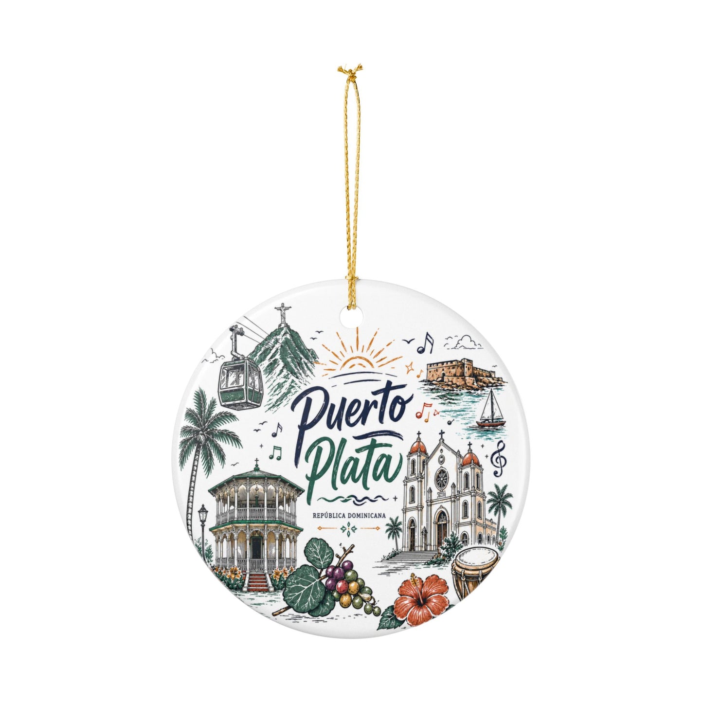 Puerto Plata Dominican Republic Illustration Ornament | Ceramic Round Holiday Decoration