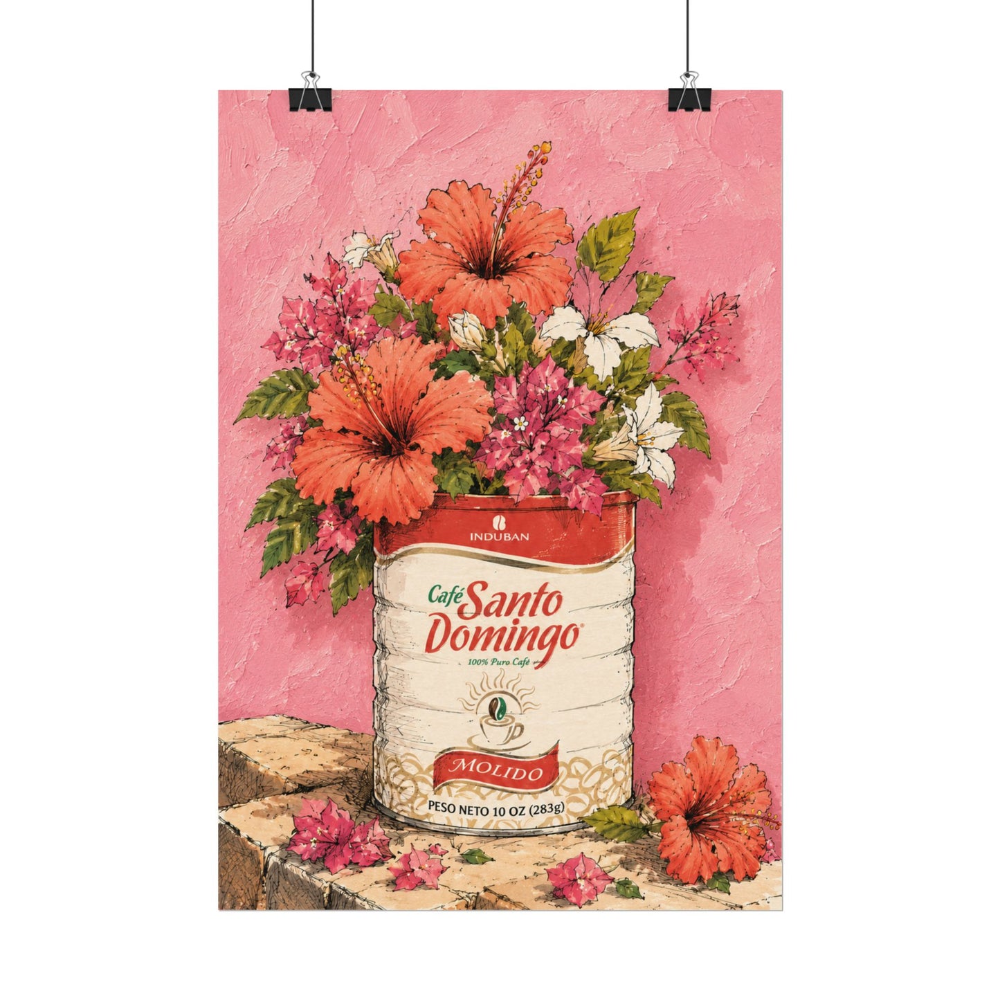 Café Santo Domingo Floral Wall Art | Dominican Coffee Can Art Print | Tropical Pink Botanical Poster | Caribbean Home Decor
