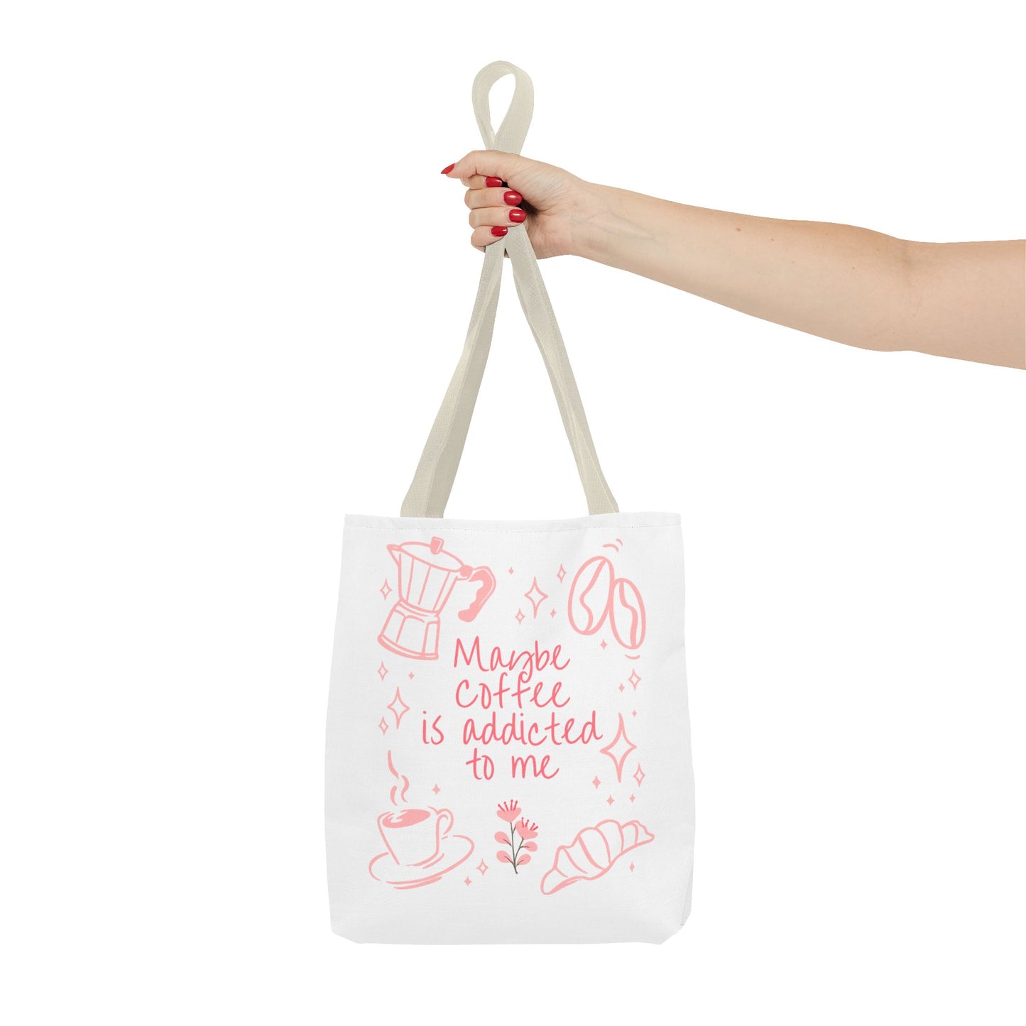 Maybe Coffee Is Addicted to Me Tote Bag | Cute Pink Coffee Lover Canvas Tote | Coquette Aesthetic Book Bag