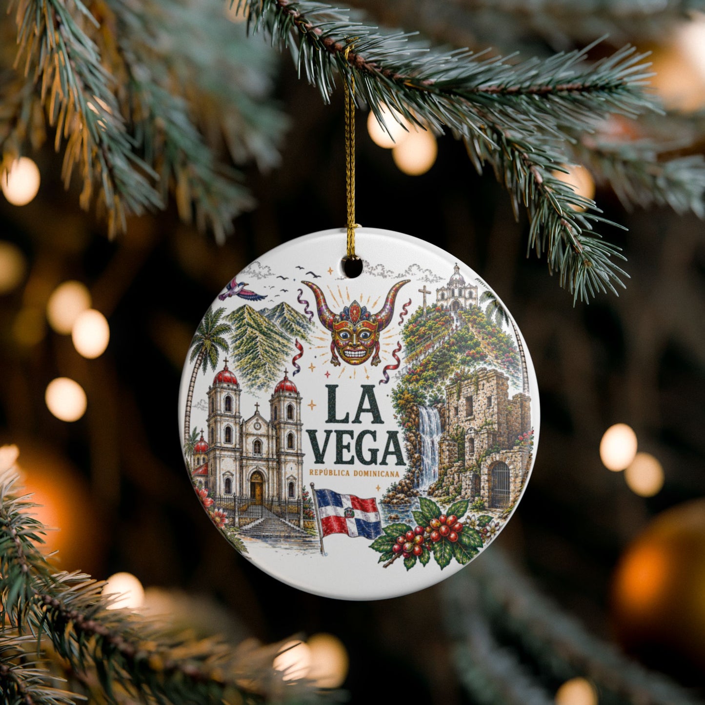La Vega Dominican Republic Illustration Ornament | Ceramic Round Holiday Decoration