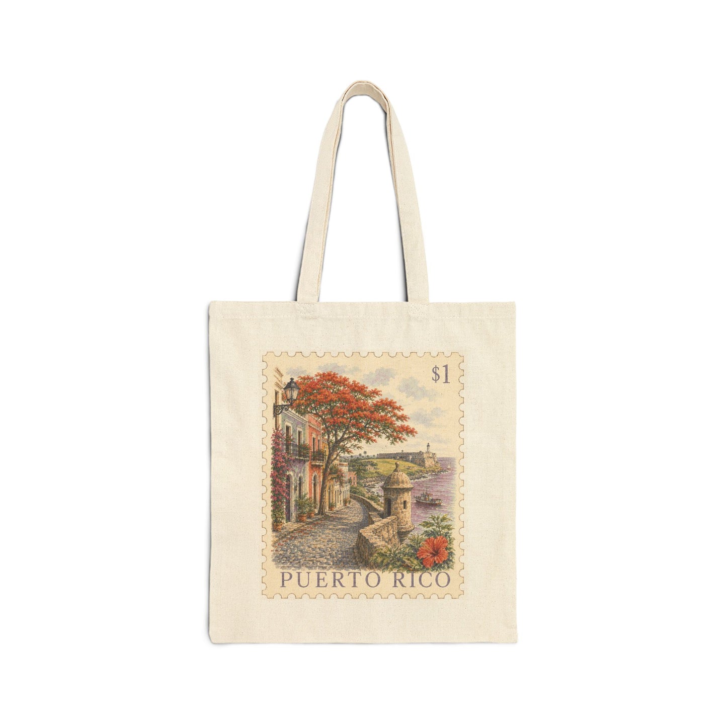 Puerto Rico Vintage Postage Stamp Canvas Tote Bag | Eco-Friendly Reusable Shopping Bag