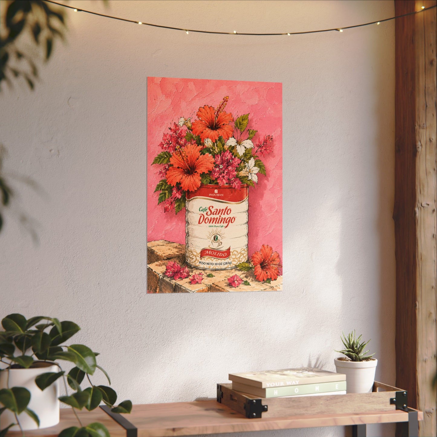 Café Santo Domingo Floral Wall Art | Dominican Coffee Can Art Print | Tropical Pink Botanical Poster | Caribbean Home Decor