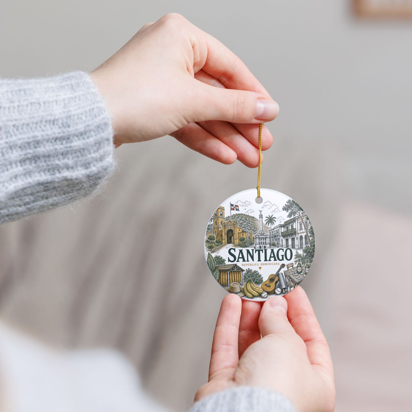 Santiago Dominican Republic Illustration Ornament | Ceramic Round Holiday Decoration