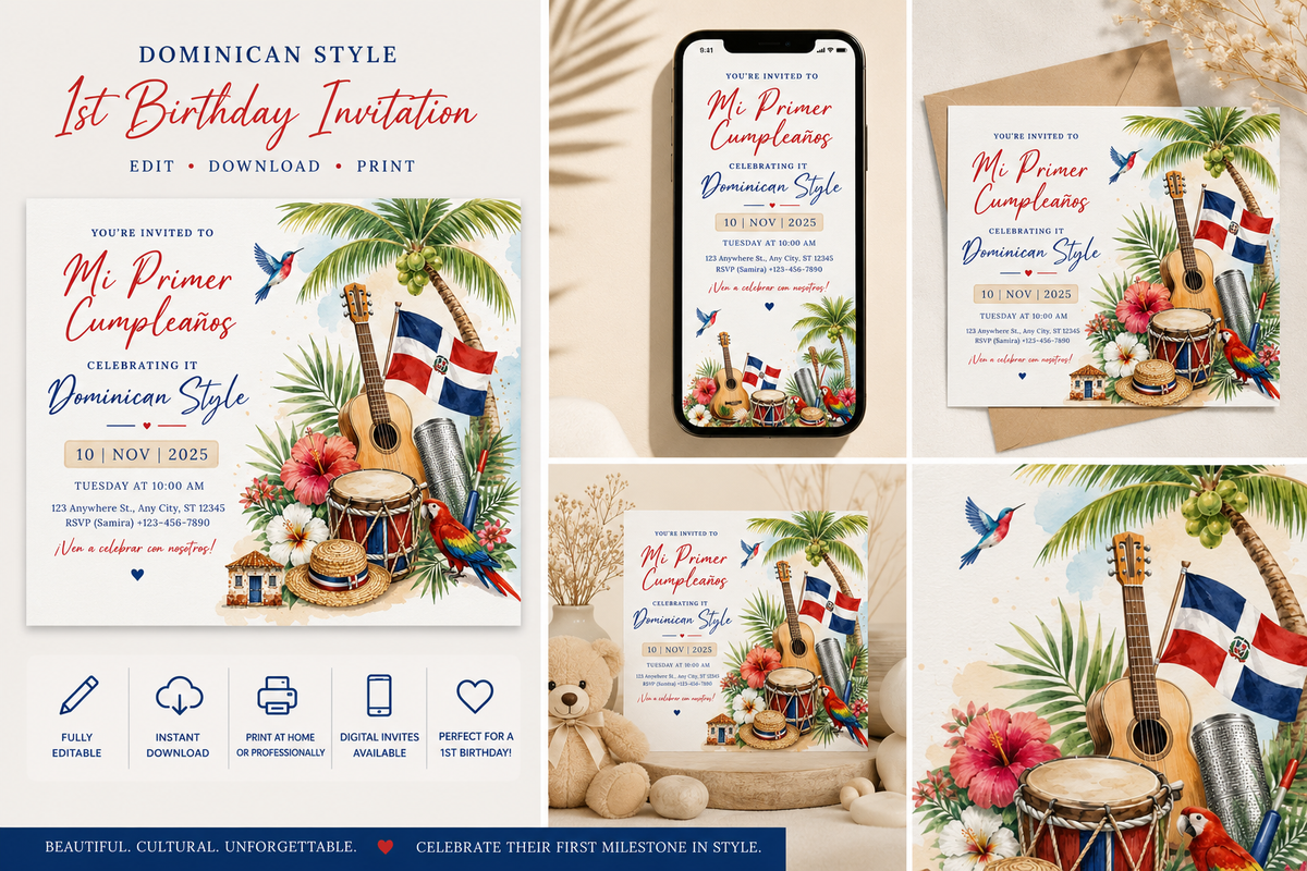 Editable Dominican Republic birthday invitation Canva template