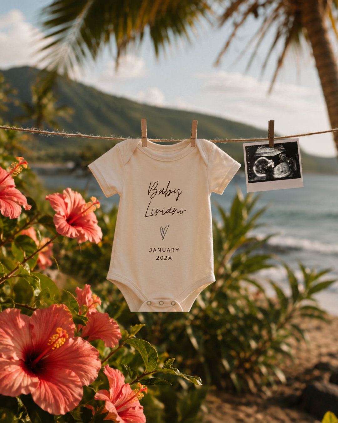 Tropical pregnancy announcement template with baby bodysuit and sonogram photo