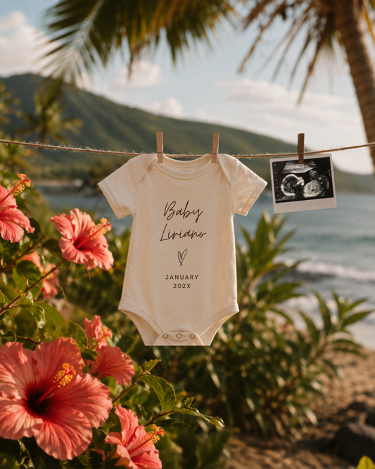 Tropical pregnancy announcement template with baby bodysuit and sonogram photo