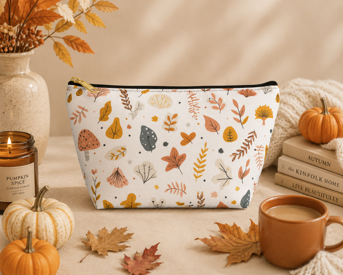 Autumn leaves makeup bag and fall travel cosmetic pouch