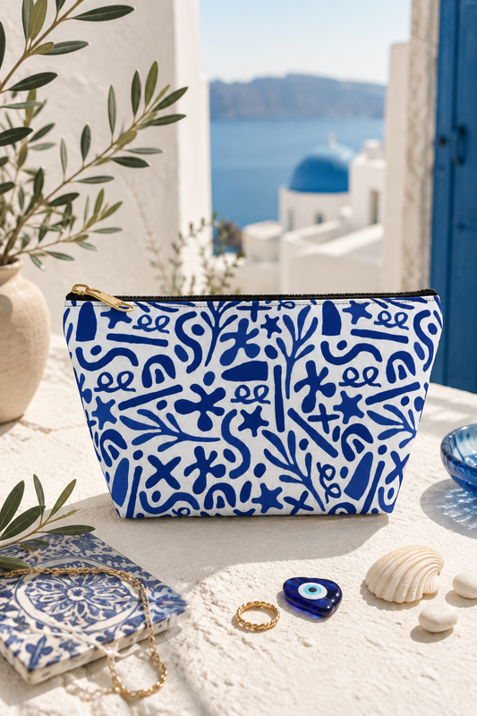 Blue doodle makeup bag and travel cosmetic pouch