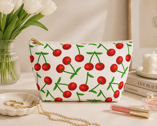 Cute cherry pattern makeup bag and travel cosmetic pouch