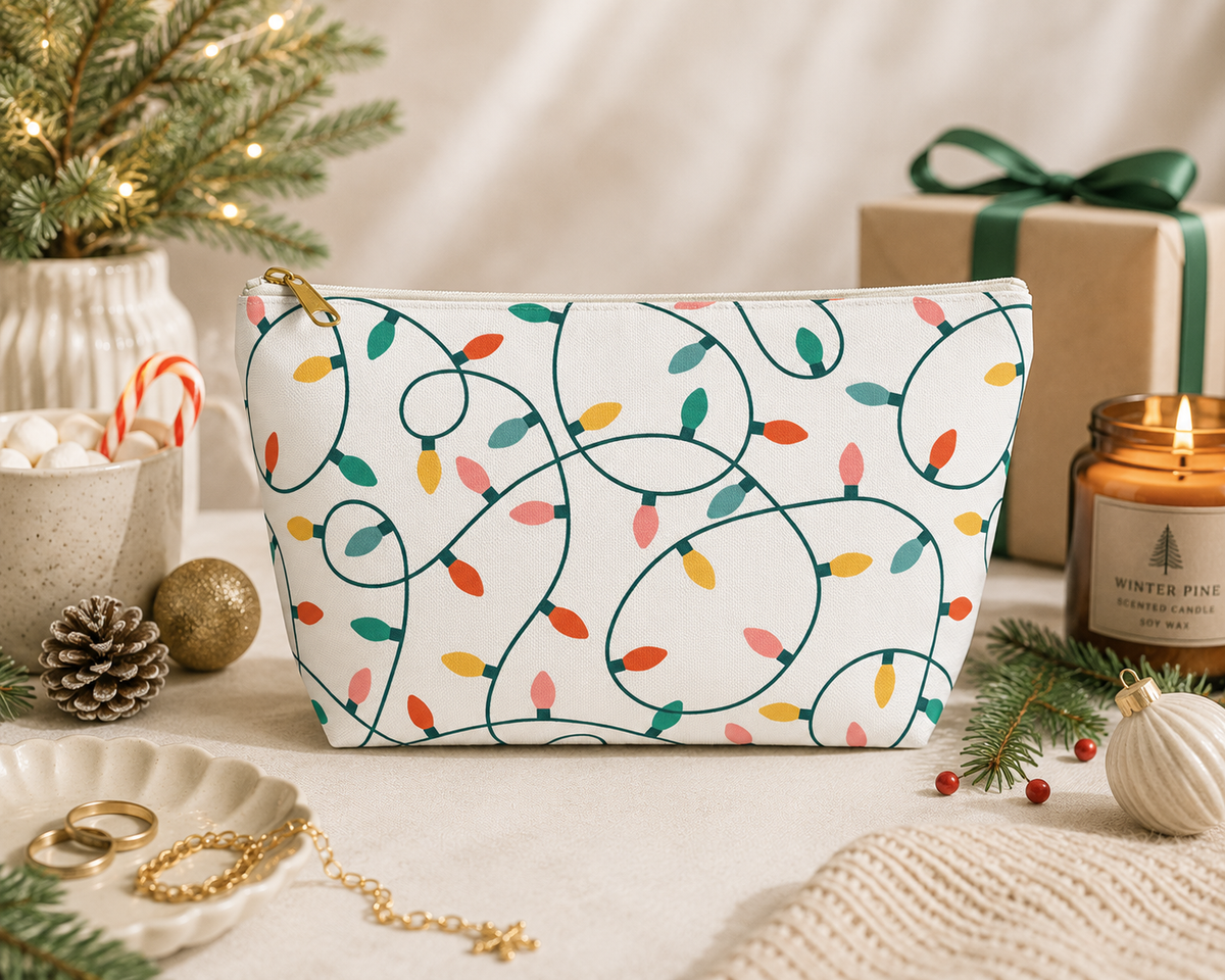 Christmas lights makeup bag and holiday travel cosmetic pouch