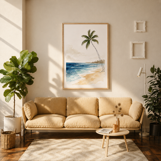 Neutral coastal beach wall art with tropical palm trees and ocean