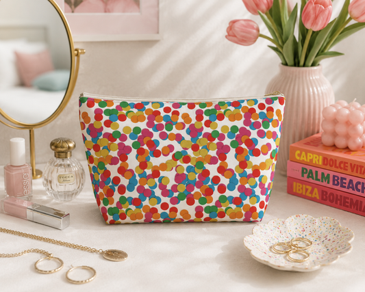 Colorful confetti dot makeup bag and travel cosmetic pouch