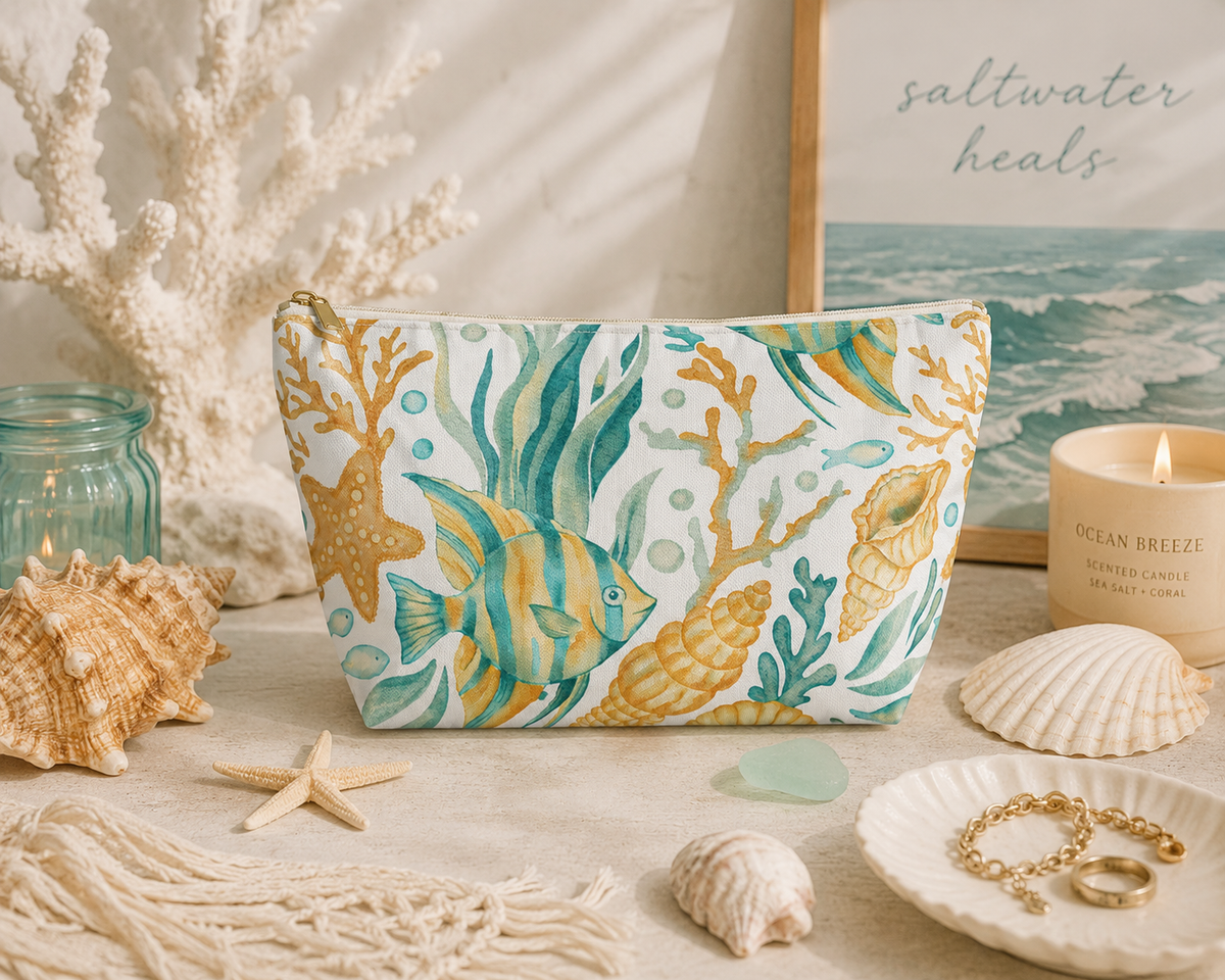 Coastal coral reef makeup bag and travel cosmetic pouch
