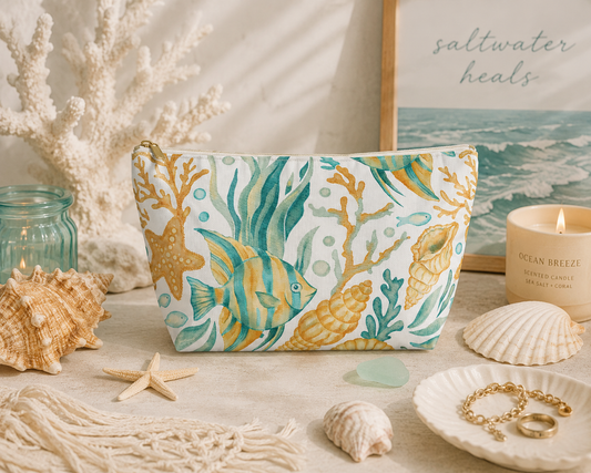 Coastal coral reef makeup bag and travel cosmetic pouch