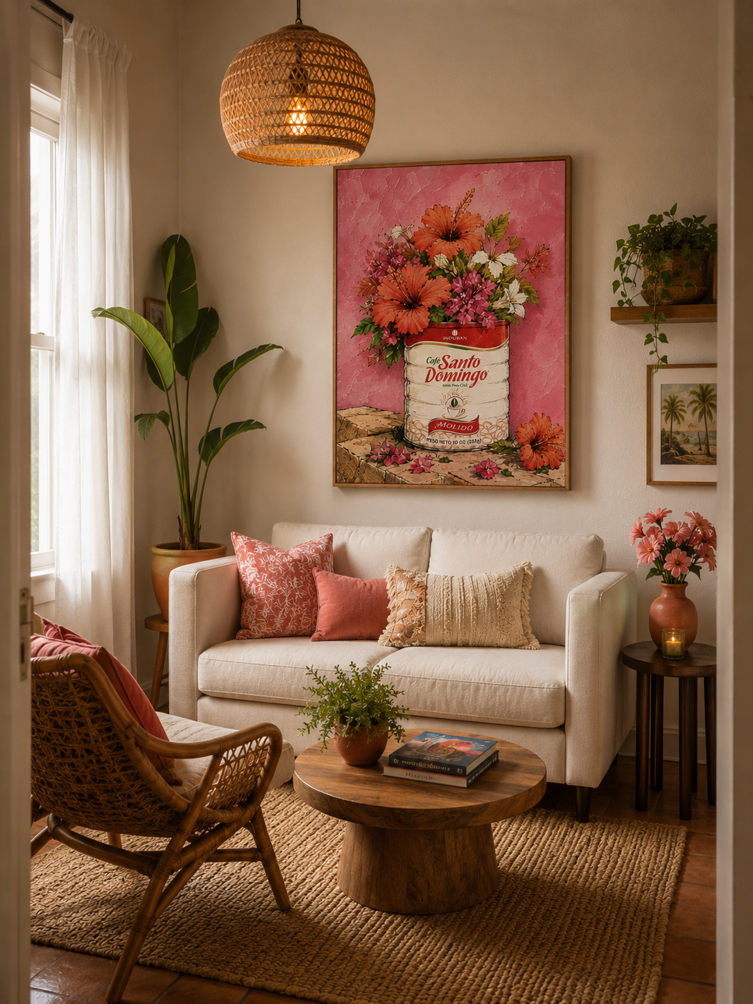 Dominican coffee wall art with floral Café Santo Domingo inspired can