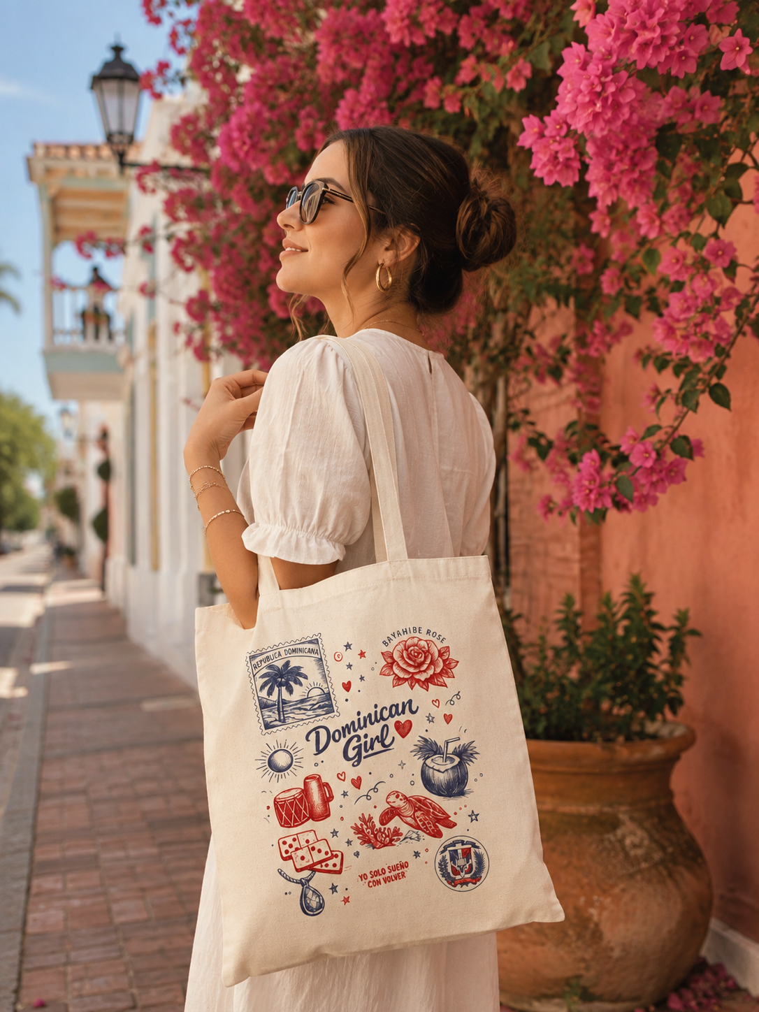 Dominican Girl tote bag with Dominican Republic heritage illustrations