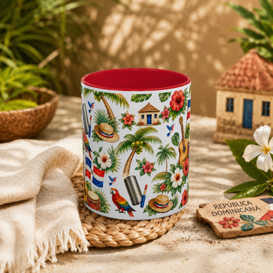 Dominican Republic heritage coffee mug with colorful cultural illustrations