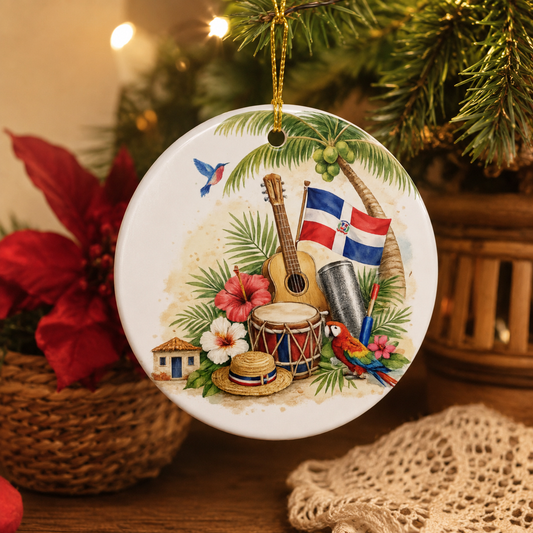 Dominican Republic heritage ceramic ornament with cultural illustrations