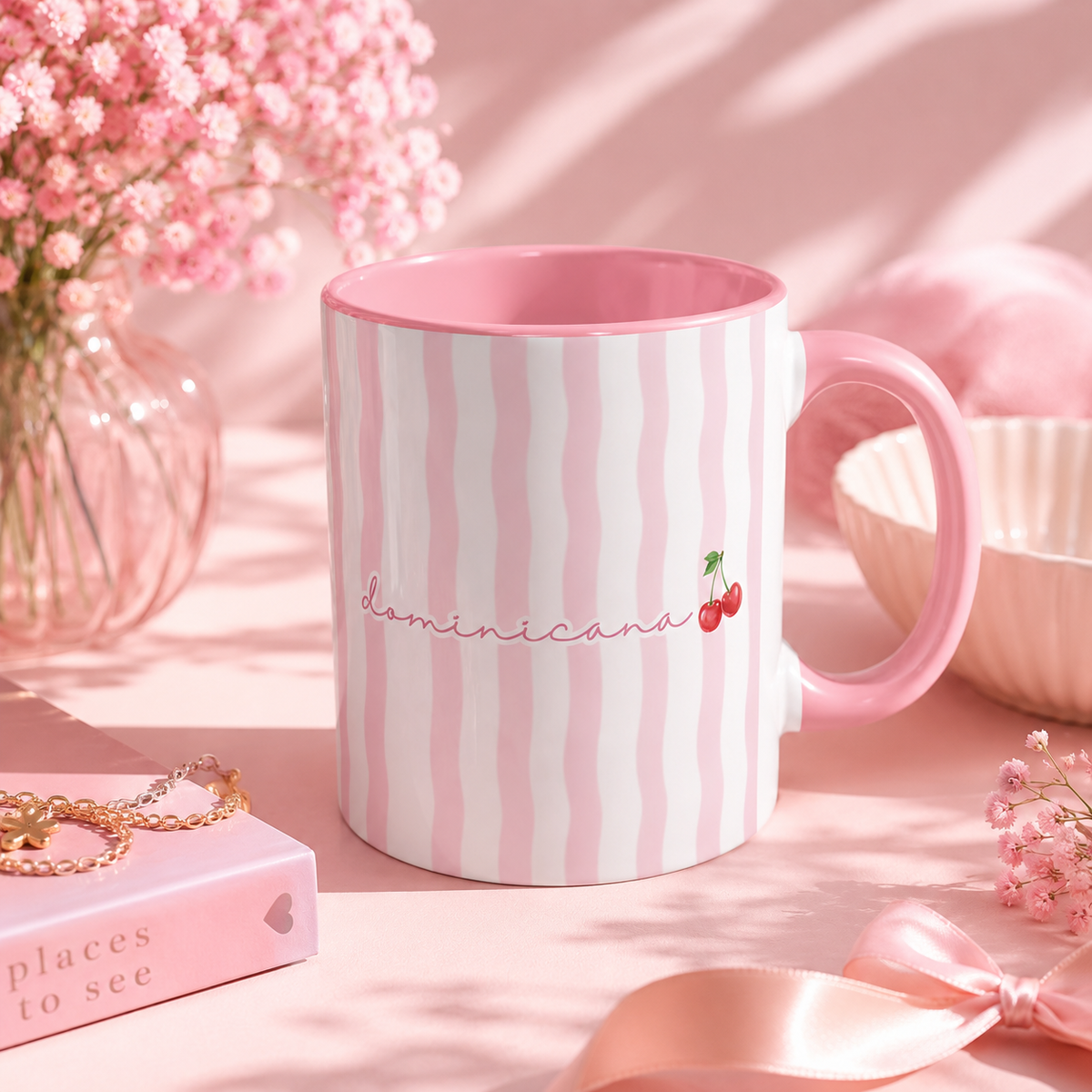 Pink Dominicana cherry striped Dominican coffee mug