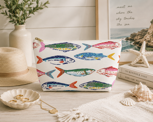 Fish pattern makeup bag and coastal travel cosmetic pouch
