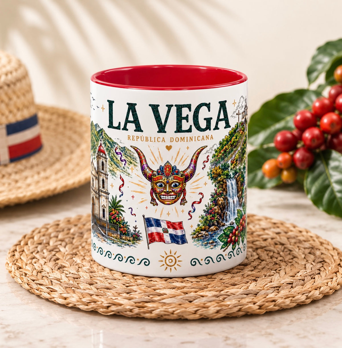 La Vega Dominican Republic mug featuring a colorful cultural design, a unique Dominican gift for coffee lovers and La Vega locals.