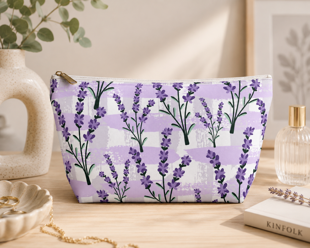 Lavender floral makeup bag and travel cosmetic pouch
