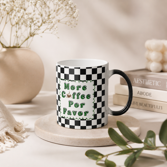 More Coffee Por Favor black and white checkerboard color changing mug