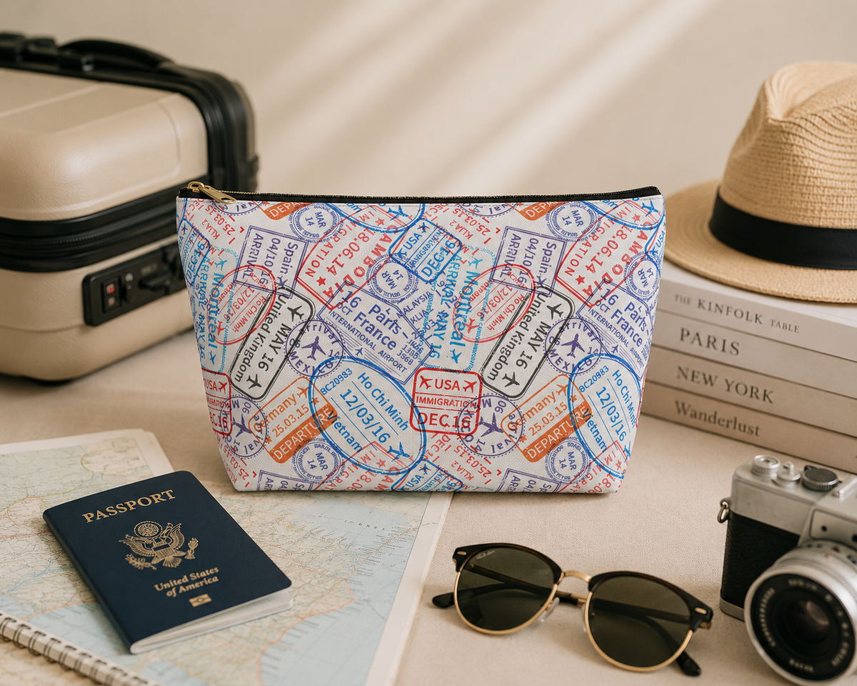 Passport stamp makeup bag and travel cosmetic pouch