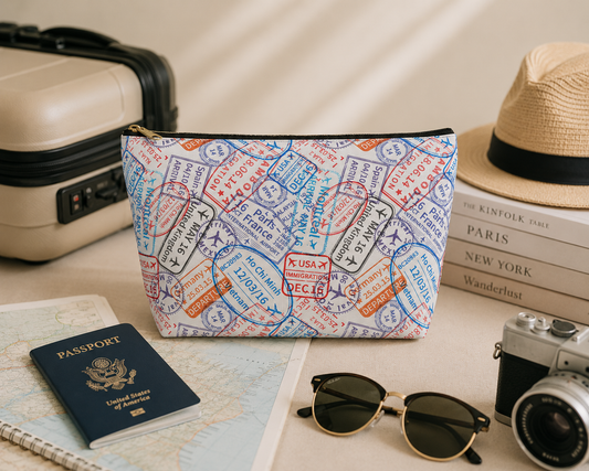 Passport stamp makeup bag and travel cosmetic pouch