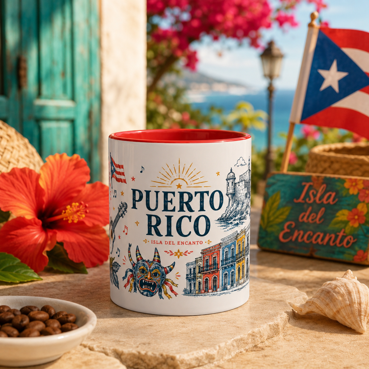 Puerto Rico illustrated ceramic coffee mug and Boricua gift