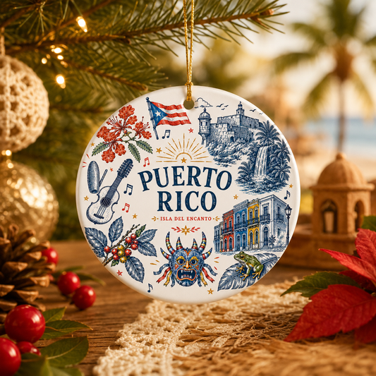 Puerto Rico illustrated heritage ceramic Christmas ornament