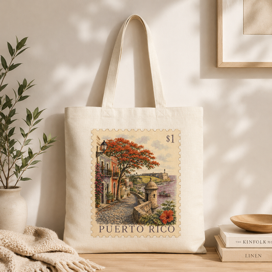Puerto Rico vintage stamp canvas tote bag and Puerto Rican heritage gift