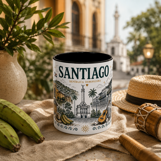 Santiago Dominican Republic mug featuring a colorful city-inspired design, a unique Dominican gift for coffee lovers and anyone proud of Santiago