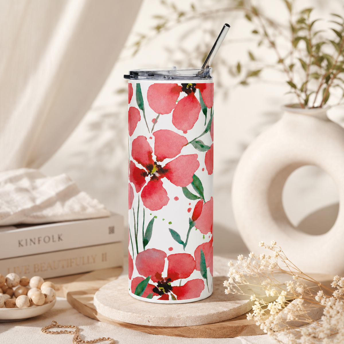 20oz tropical floral stainless steel tumbler with straw