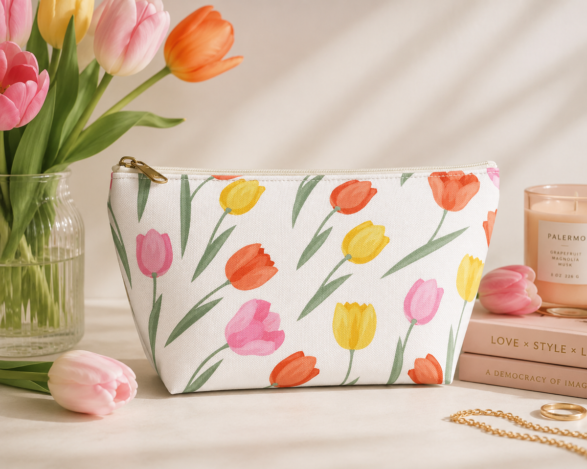 Tulip floral makeup bag and travel cosmetic pouch