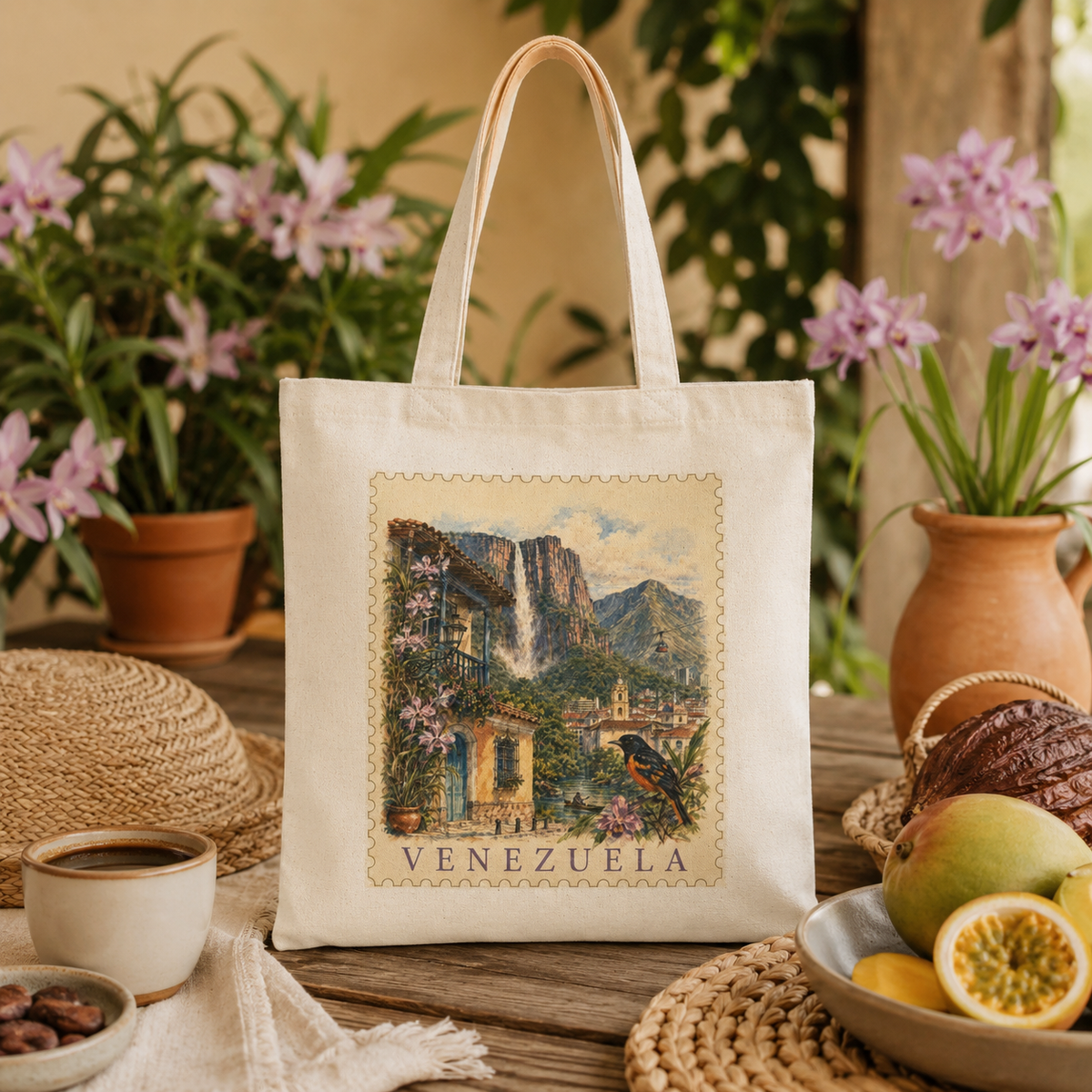 Venezuela tote bag with vintage postage stamp inspired Venezuelan landscape design